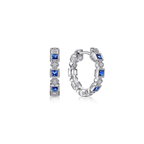 14K White Gold Vintage Inspired 15mm Sapphire and Diamond Huggies
