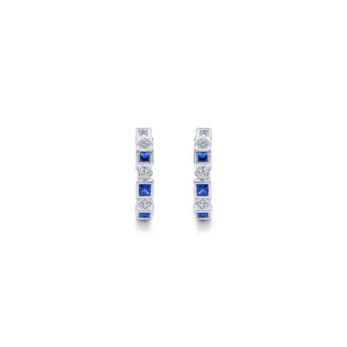 14K White Gold Vintage Inspired 15mm Sapphire and Diamond Huggies