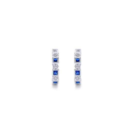 14K White Gold Vintage Inspired 15mm Sapphire and Diamond Huggies angle 3