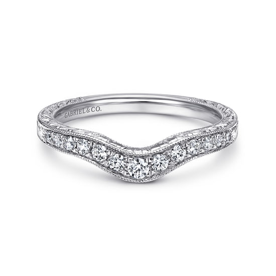 Gabriel - 14K White Gold Vintage Inspired Curved Diamond Anniversary Band with Engraving