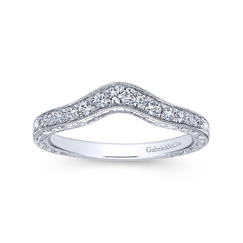 14K White Gold Vintage Inspired Curved Diamond Anniversary Band with Engraving
