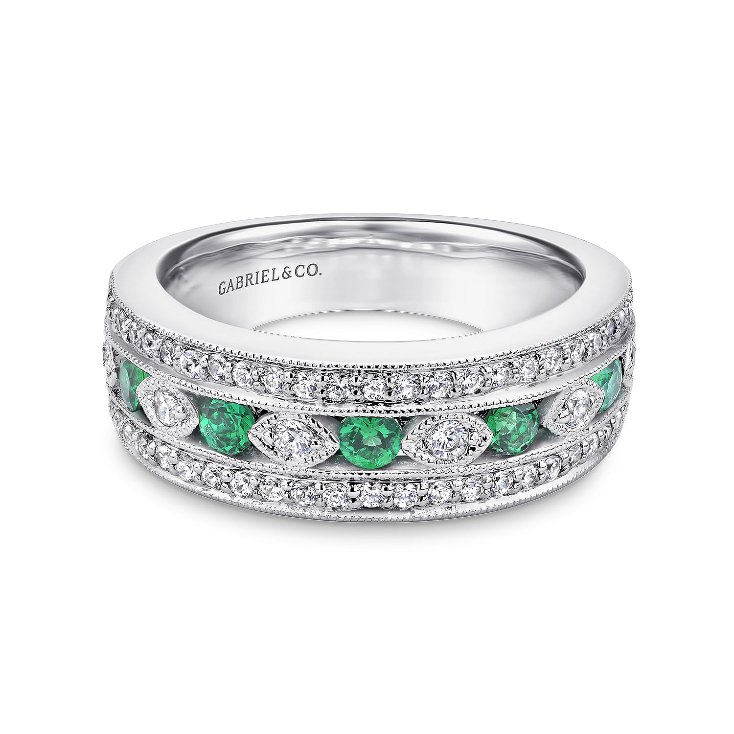 14K White Gold Vintage Inspired Emerald and Diamond Ring