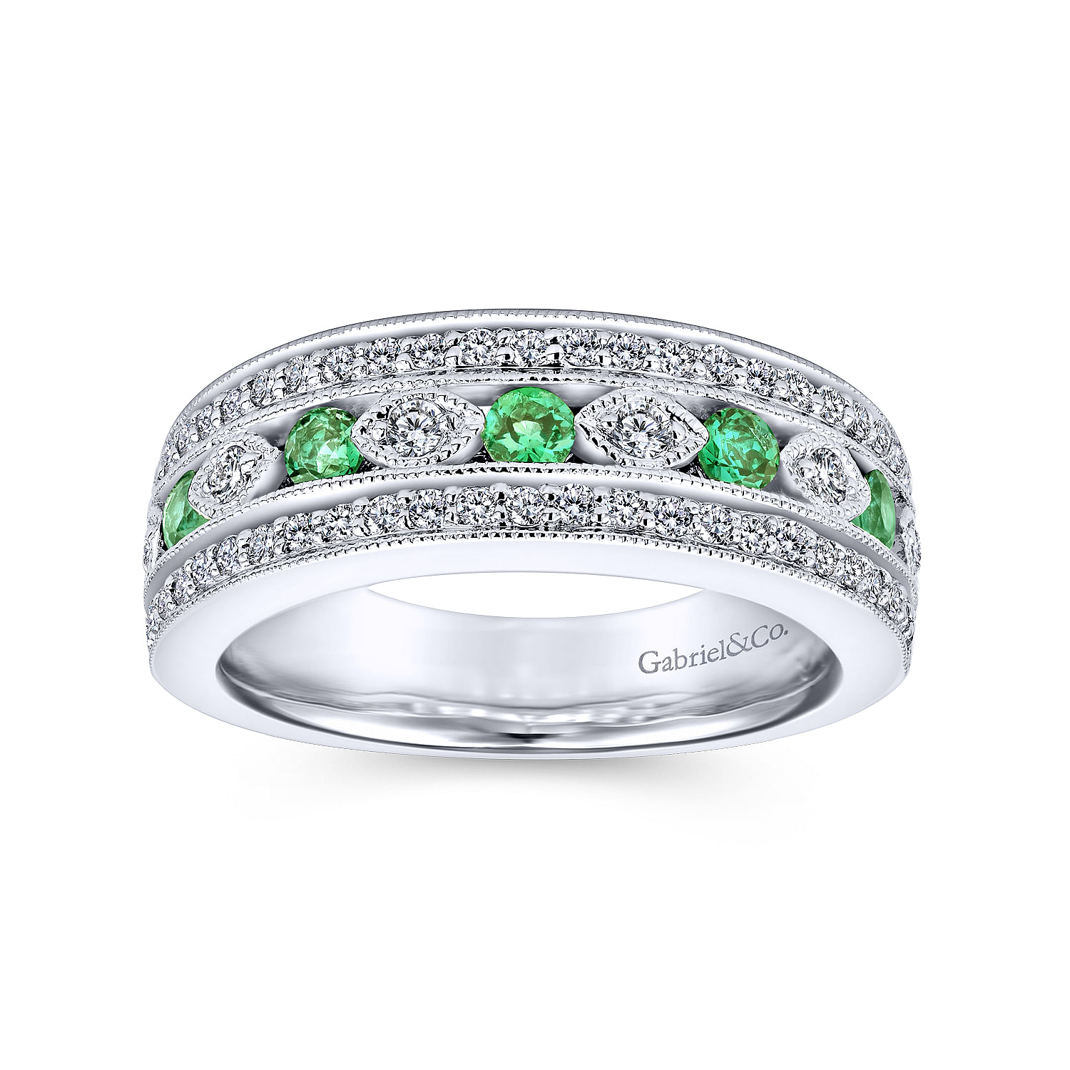 14K White Gold Vintage Inspired Emerald and Diamond Ring