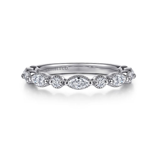 14K White Gold Vintage Inspired Marquise and Round Diamond Anniversary Band