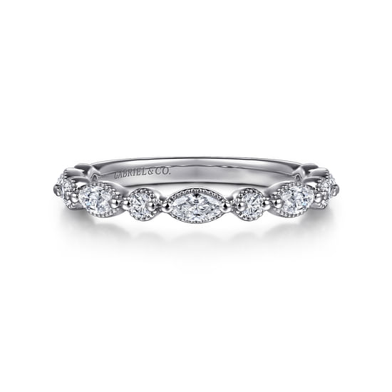 Gabriel - 14K White Gold Vintage Inspired Marquise and Round Diamond Anniversary Band