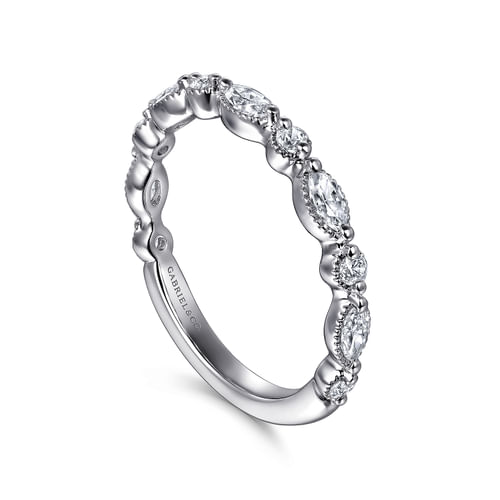 14K White Gold Vintage Inspired Marquise and Round Diamond Anniversary Band