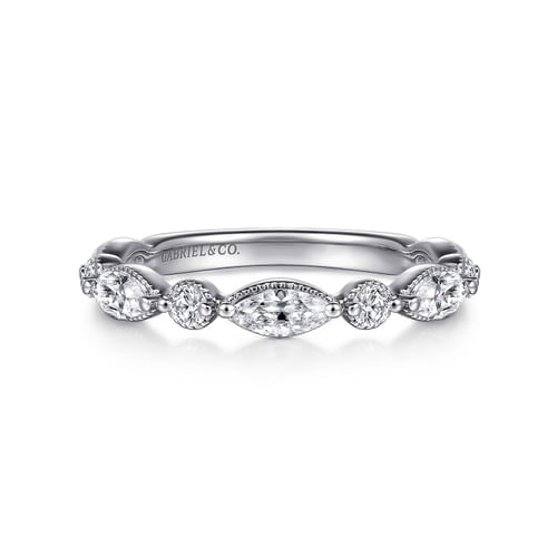 14K White Gold Vintage Inspired Marquise and Round Diamond Anniversary Band