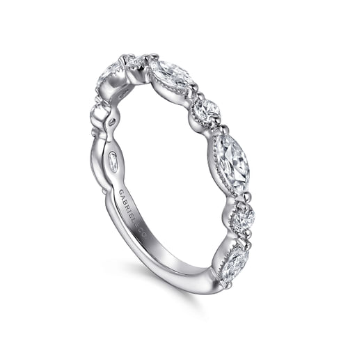 14K White Gold Vintage Inspired Marquise and Round Diamond Anniversary Band