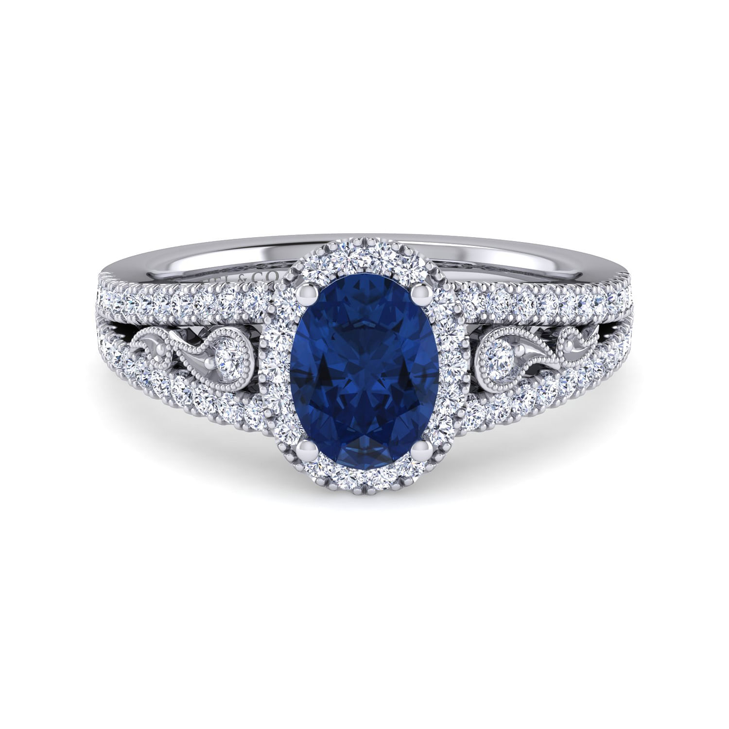 Gabriel - 14K White Gold Vintage Inspired Oval Sapphire and Diamond Halo Ring