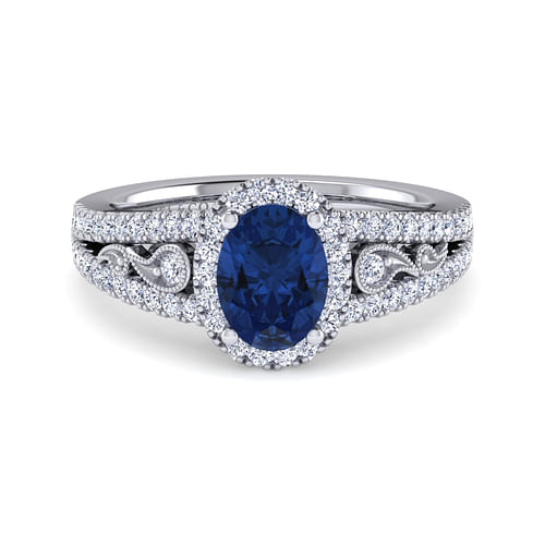 14K White Gold Vintage Inspired Oval Sapphire and Diamond Halo Ring