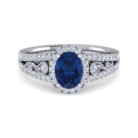 Gabriel - 14K White Gold Vintage Inspired Oval Sapphire and Diamond Halo Ring