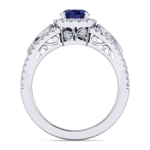 14K White Gold Vintage Inspired Oval Sapphire and Diamond Halo Ring