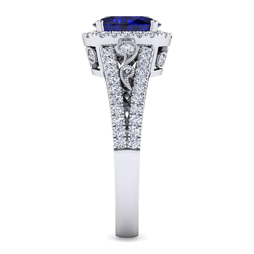 14K White Gold Vintage Inspired Oval Sapphire and Diamond Halo Ring