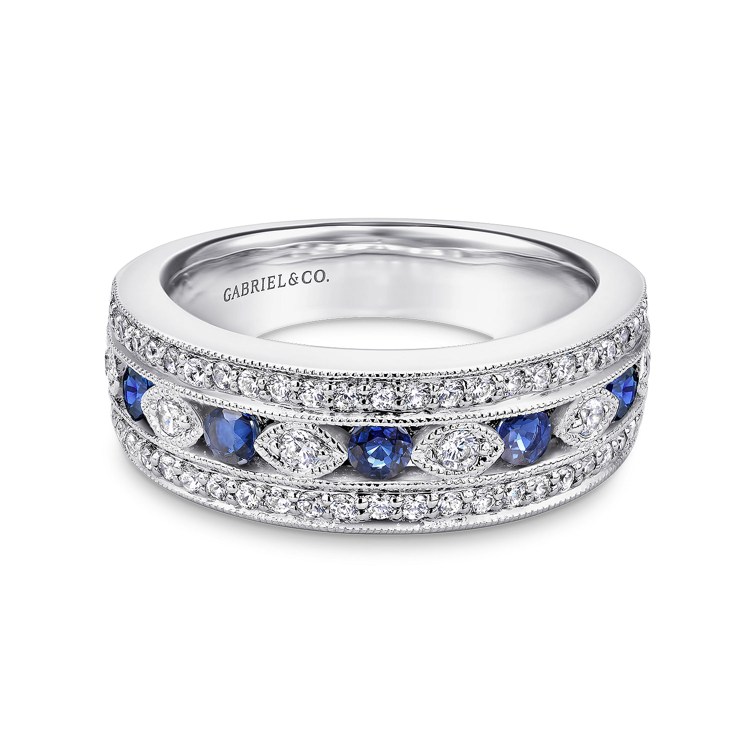 Gabriel - 14K White Gold Vintage Inspired Sapphire and Diamond Ring