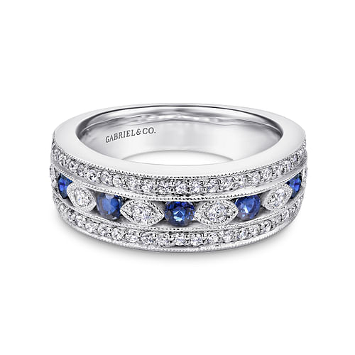 14K White Gold Vintage Inspired Sapphire and Diamond Ring