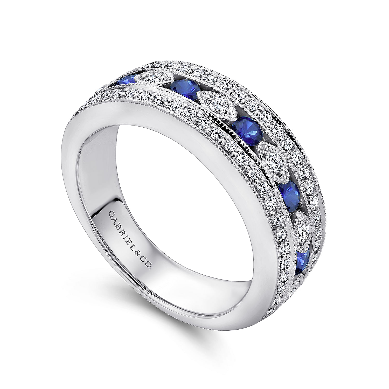 14K White Gold Vintage Inspired Sapphire and Diamond Ring