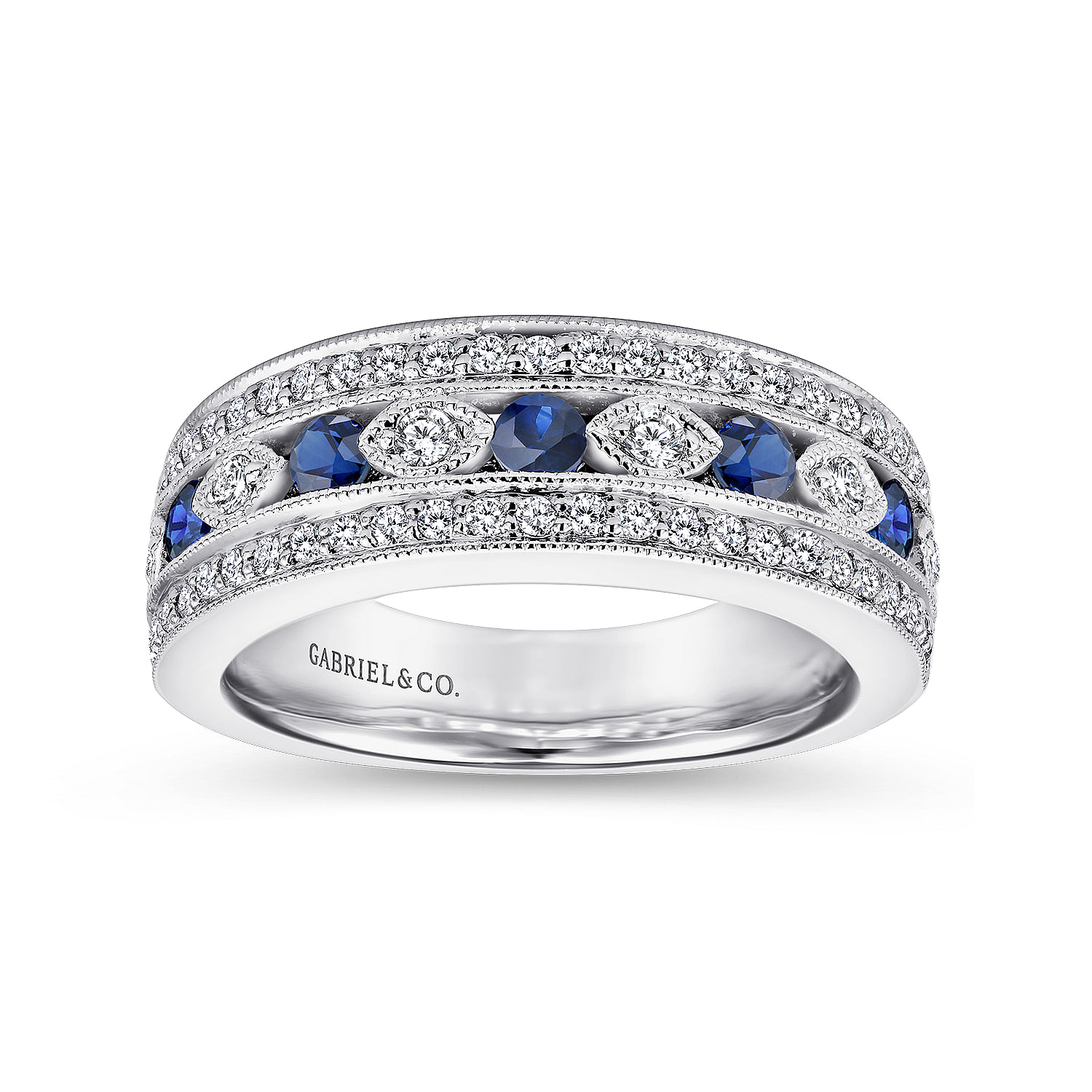 14K White Gold Vintage Inspired Sapphire and Diamond Ring