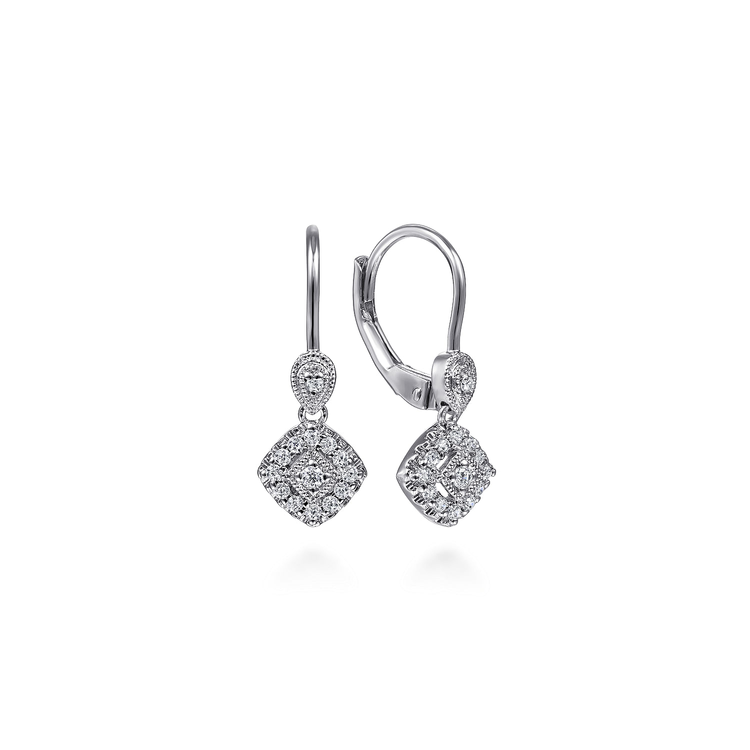 14K White Gold Vintage Inspired Style Square Diamond Drop Earrings