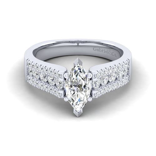 14K White Gold Wide Band Marquise Shape Diamond Channel Set Engagement Ring