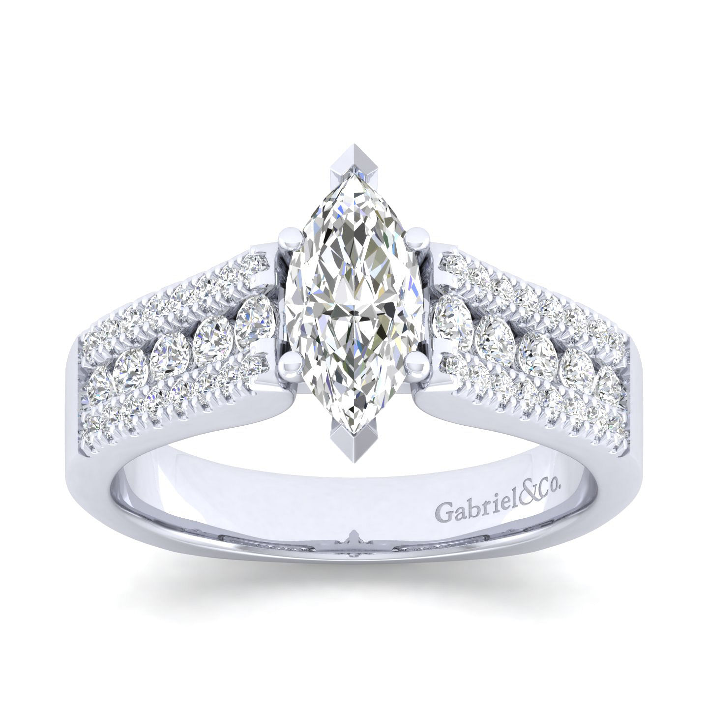 14K White Gold Wide Band Marquise Shape Diamond Channel Set Engagement Ring