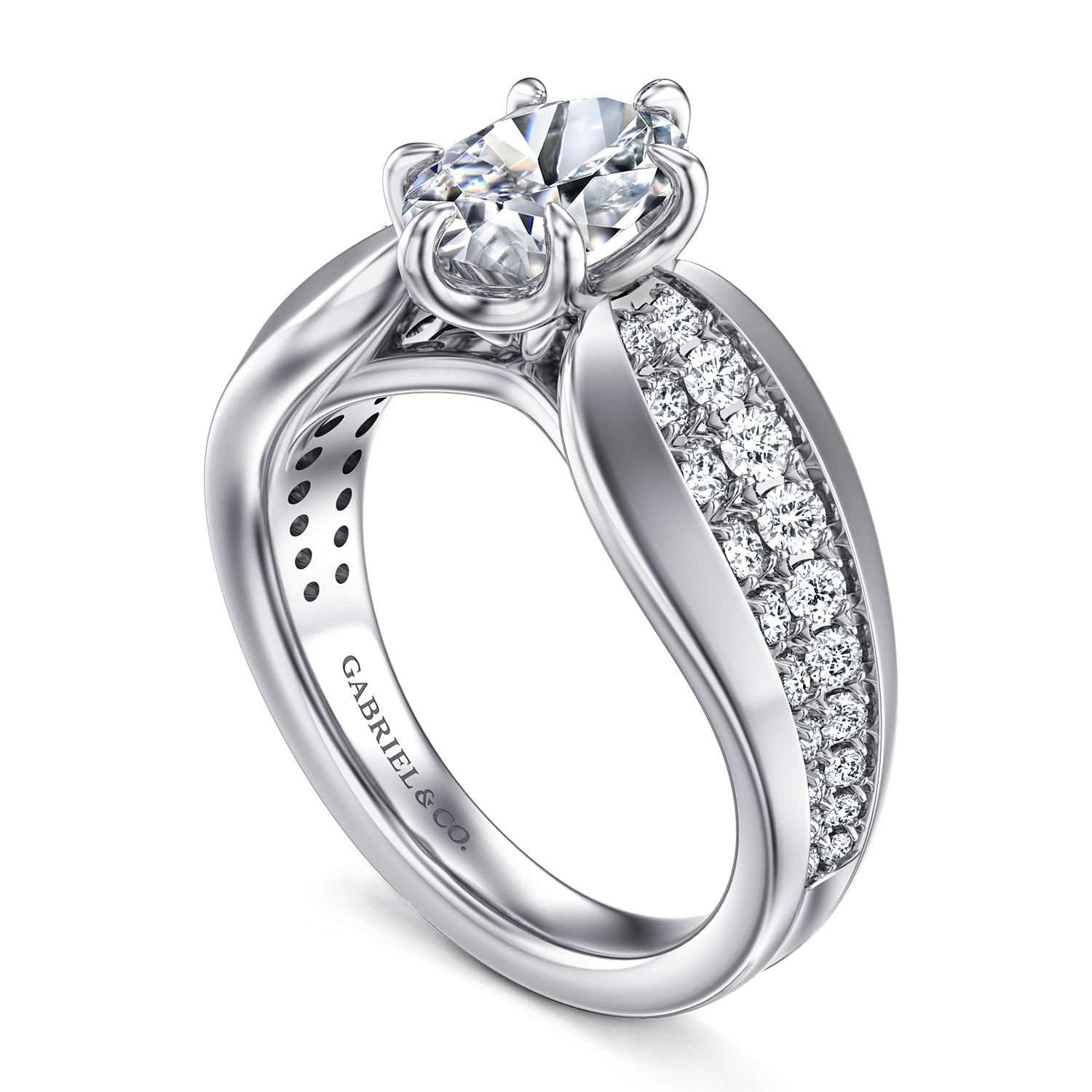 14K White Gold Wide Band Oval Diamond Engagement Ring
