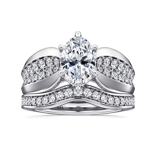 14K White Gold Wide Band Oval Diamond Engagement Ring