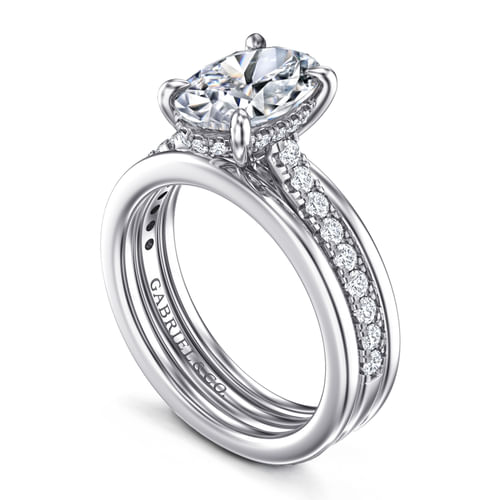 14K White Gold Wide Band Oval Diamond Engagement Ring