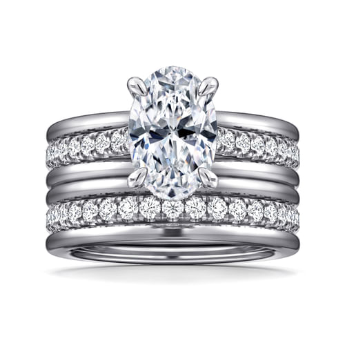 14K White Gold Wide Band Oval Diamond Engagement Ring