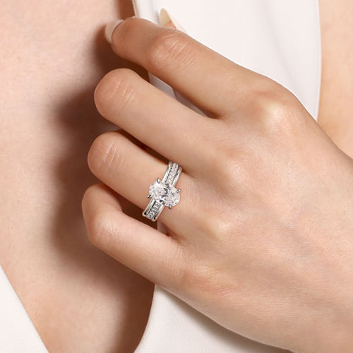 14K White Gold Wide Band Oval Diamond Engagement Ring