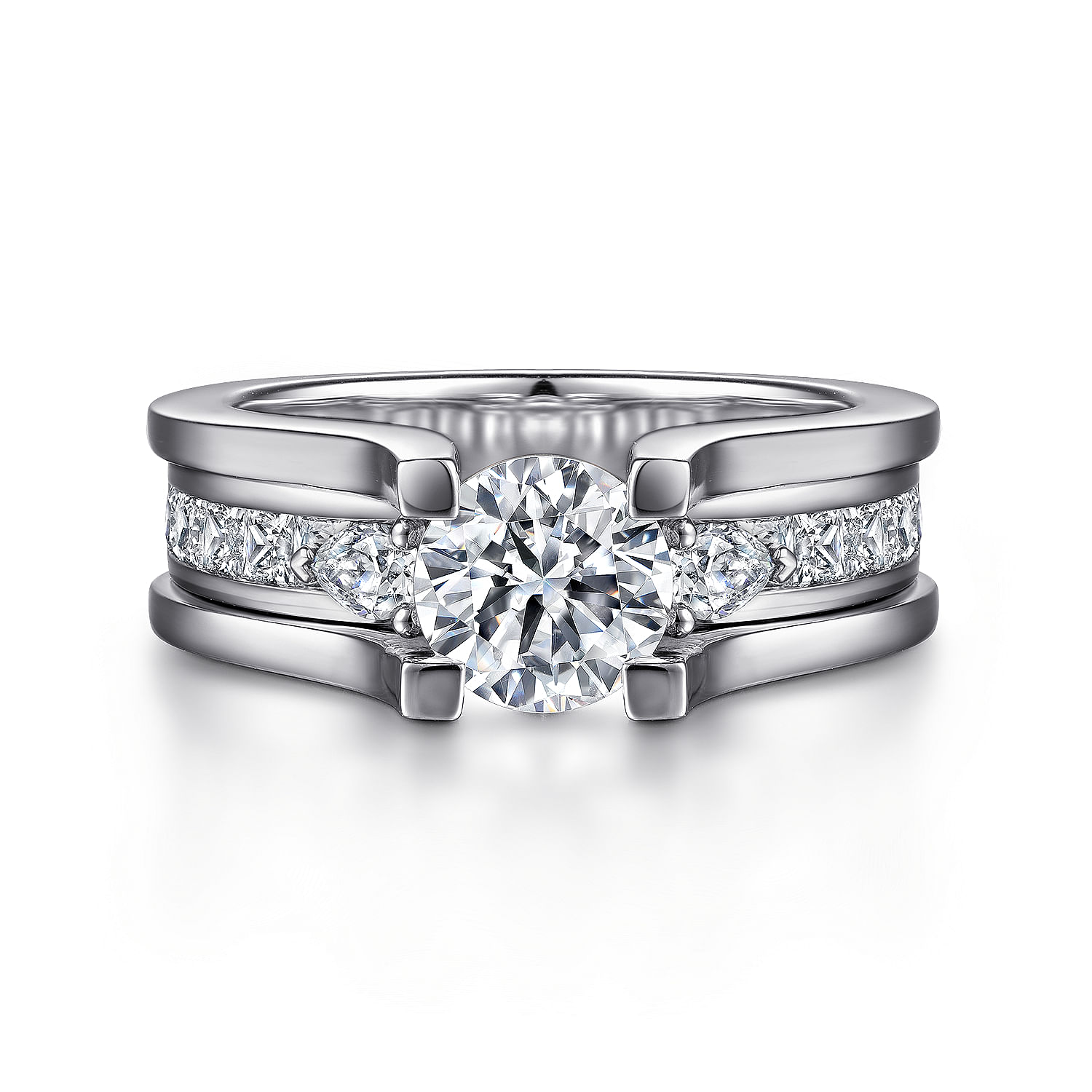 14K White Gold Wide Band Round Diamond Channel Set Engagement Ring