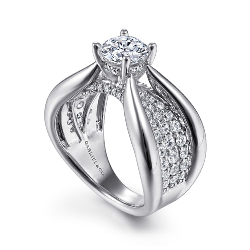 14K White Gold Wide Band Round Diamond Engagement Ring