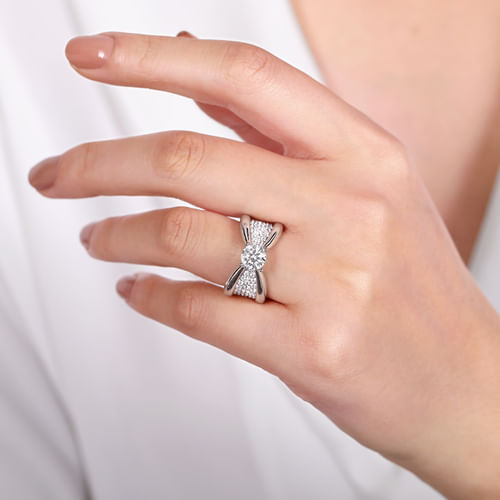 14K White Gold Wide Band Round Diamond Engagement Ring