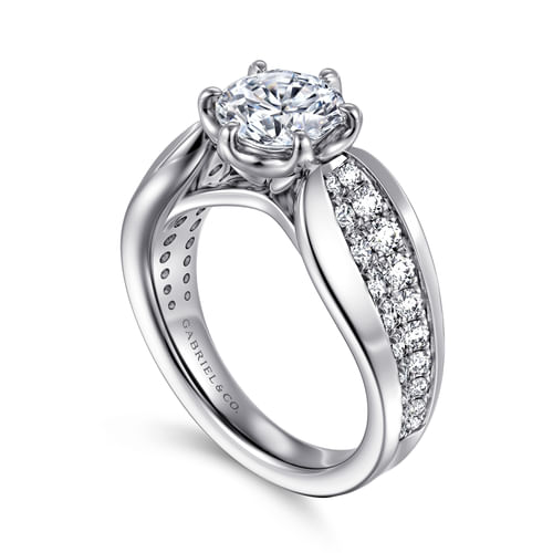 14K White Gold Wide Band Round Diamond Engagement Ring