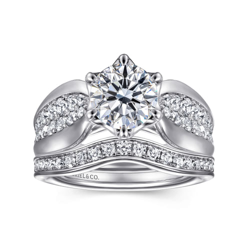 14K White Gold Wide Band Round Diamond Engagement Ring