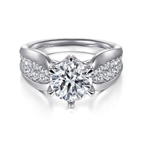 14K White Gold Wide Band Round Diamond Engagement Ring