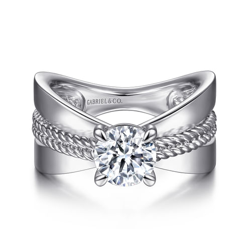 14K White Gold Wide Band Round Diamond Engagement Ring