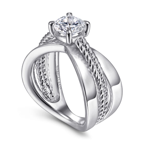 14K White Gold Wide Band Round Diamond Engagement Ring