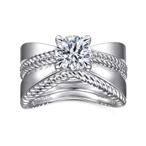 14K White Gold Wide Band Round Diamond Engagement Ring