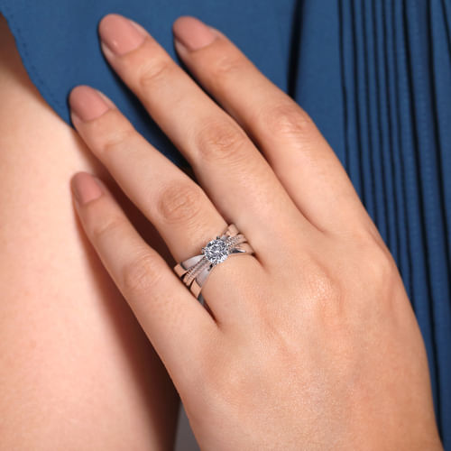 14K White Gold Wide Band Round Diamond Engagement Ring