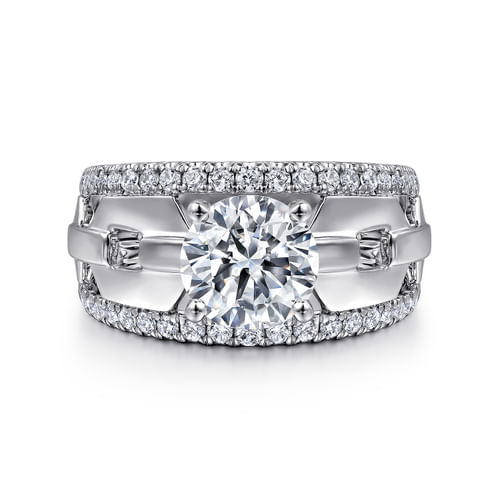14K White Gold Wide Band Round Diamond Engagement Ring