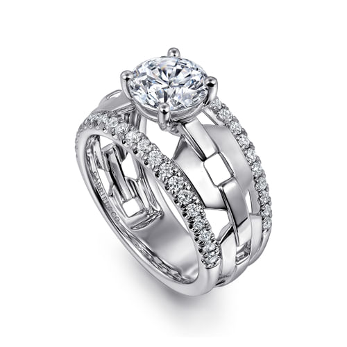 14K White Gold Wide Band Round Diamond Engagement Ring