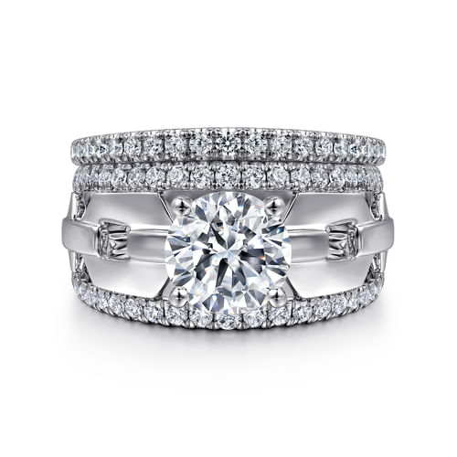 14K White Gold Wide Band Round Diamond Engagement Ring