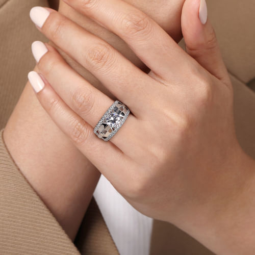 14K White Gold Wide Band Round Diamond Engagement Ring
