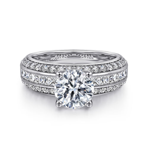 14K White Gold Wide Band Round Diamond Engagement Ring