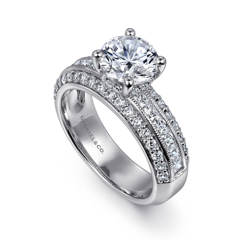 14K White Gold Wide Band Round Diamond Engagement Ring