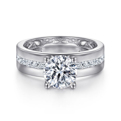 14K White Gold Wide Band Round Diamond Engagement Ring