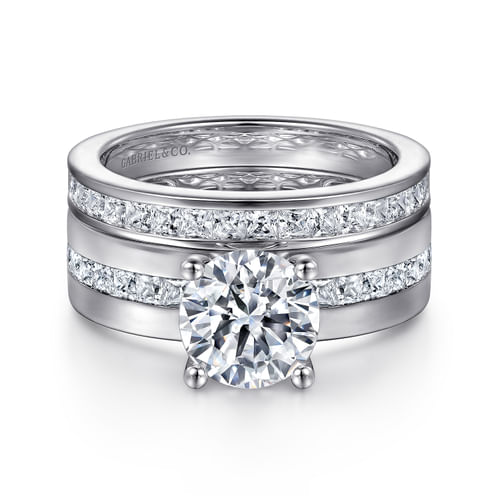 14K White Gold Wide Band Round Diamond Engagement Ring