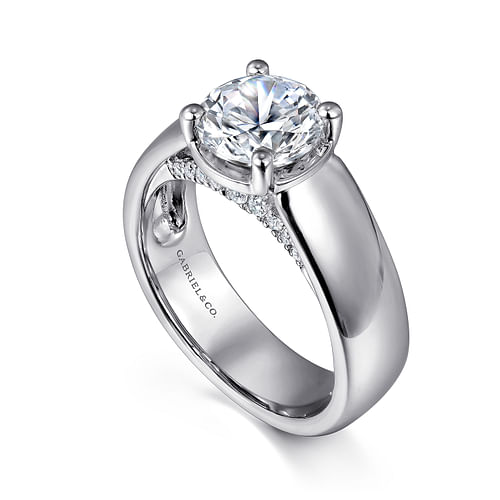 14K White Gold Wide Band Round Diamond Engagement Ring