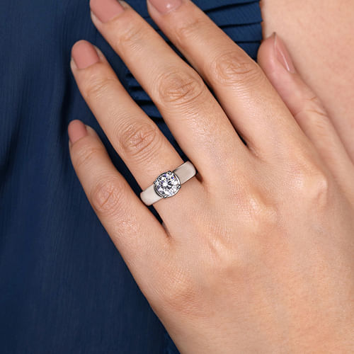 14K White Gold Wide Band Round Diamond Engagement Ring