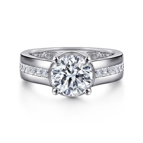 14K White Gold Wide Band Round Diamond Engagement Ring